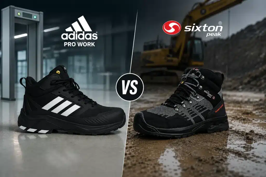Vergelijking Adidas Pro Work en Sixton Peak veiligheidsschoenen naast elkaar