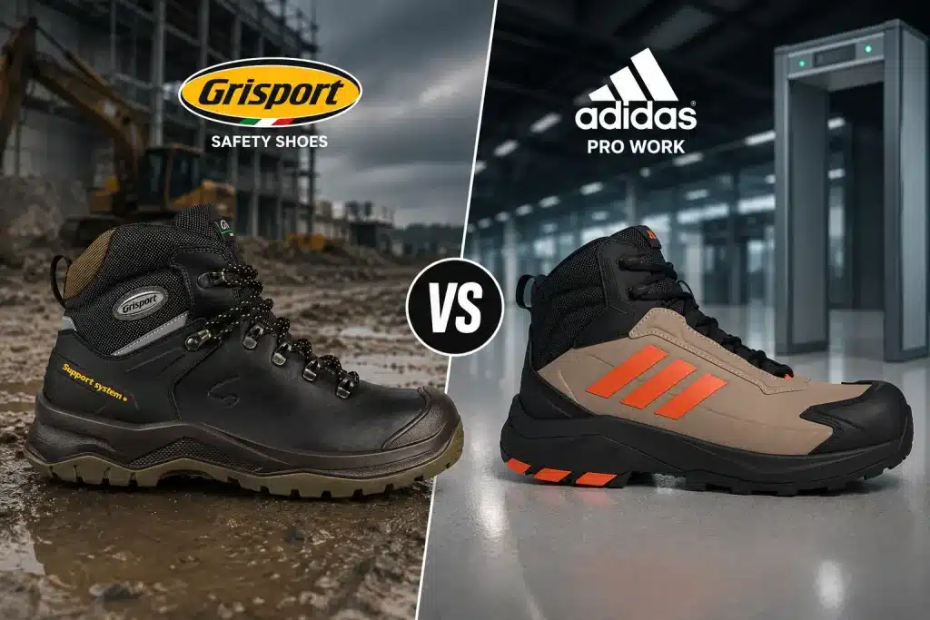 Vergelijking Adidas Pro Work en Grisport veiligheidsschoenen naast elkaar op werkplaats