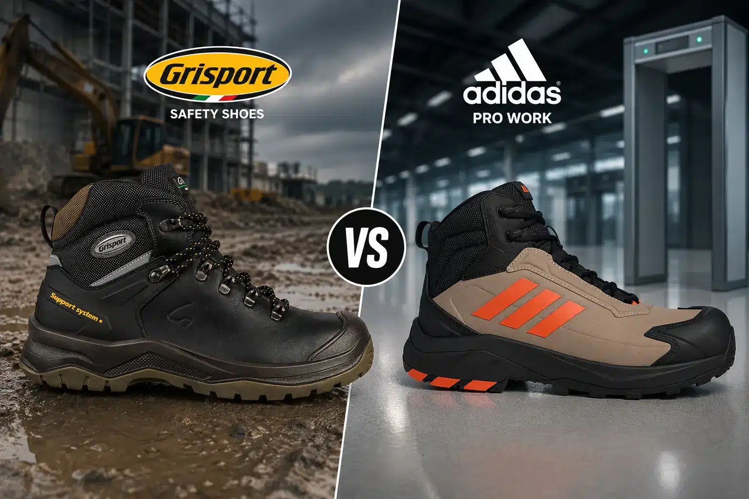 Vergelijking Adidas Pro Work en Grisport veiligheidsschoenen naast elkaar op werkplaats