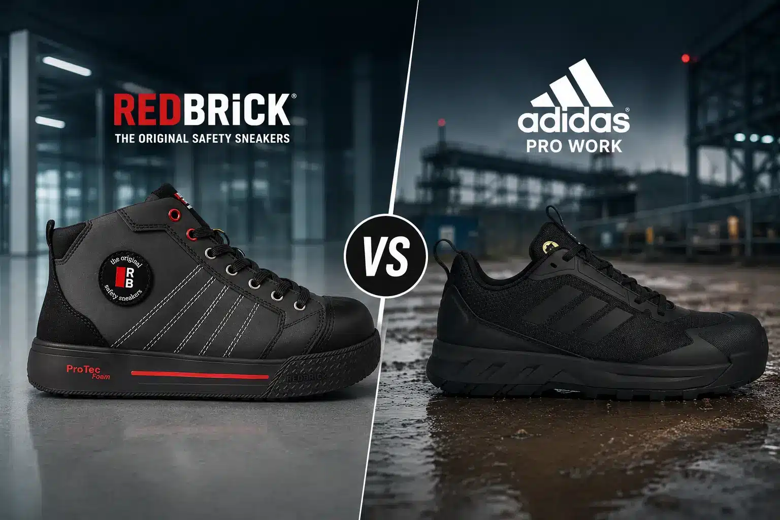 Vergelijking Adidas Pro Work en Redbrick veiligheidsschoenen naast elkaar